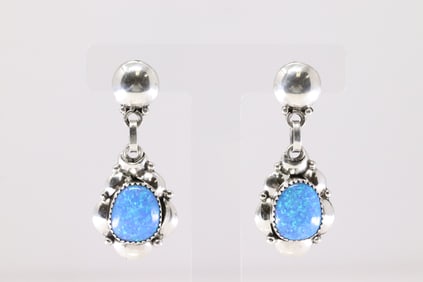 Native America Navajo Sterling Silver Synthetic Blue Opal Post / Dangling Earring's By C.N.