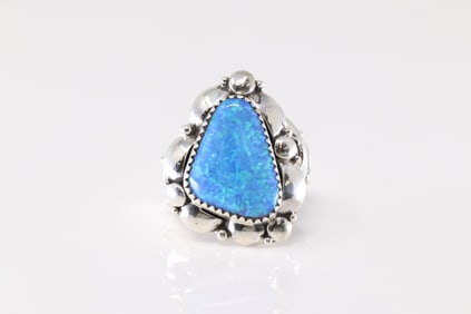 Native America Navajo Sterling Silver Synthetic Blue Opal Ring By C.N.