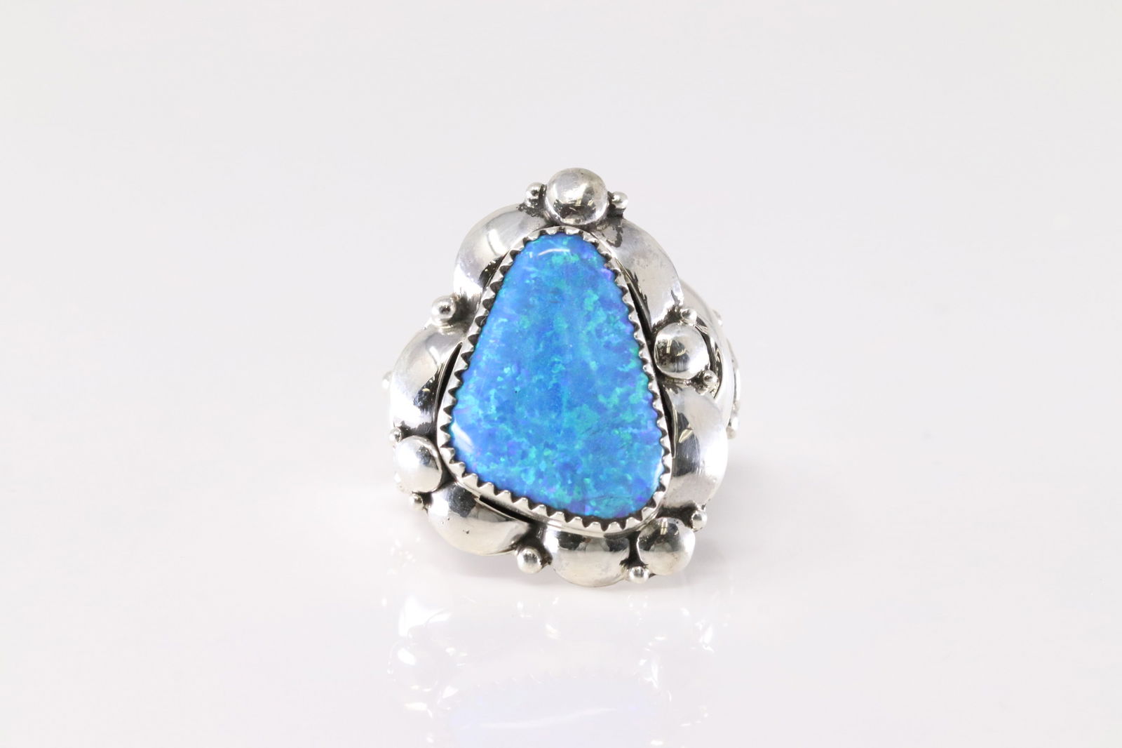 Native America Navajo Sterling Silver Synthetic Blue Opal Ring By C.N. (1 of 4)