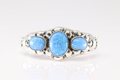 Native America Navajo Sterling Silver Synthetic Blue Opal Bracelet Cuff By C.N.