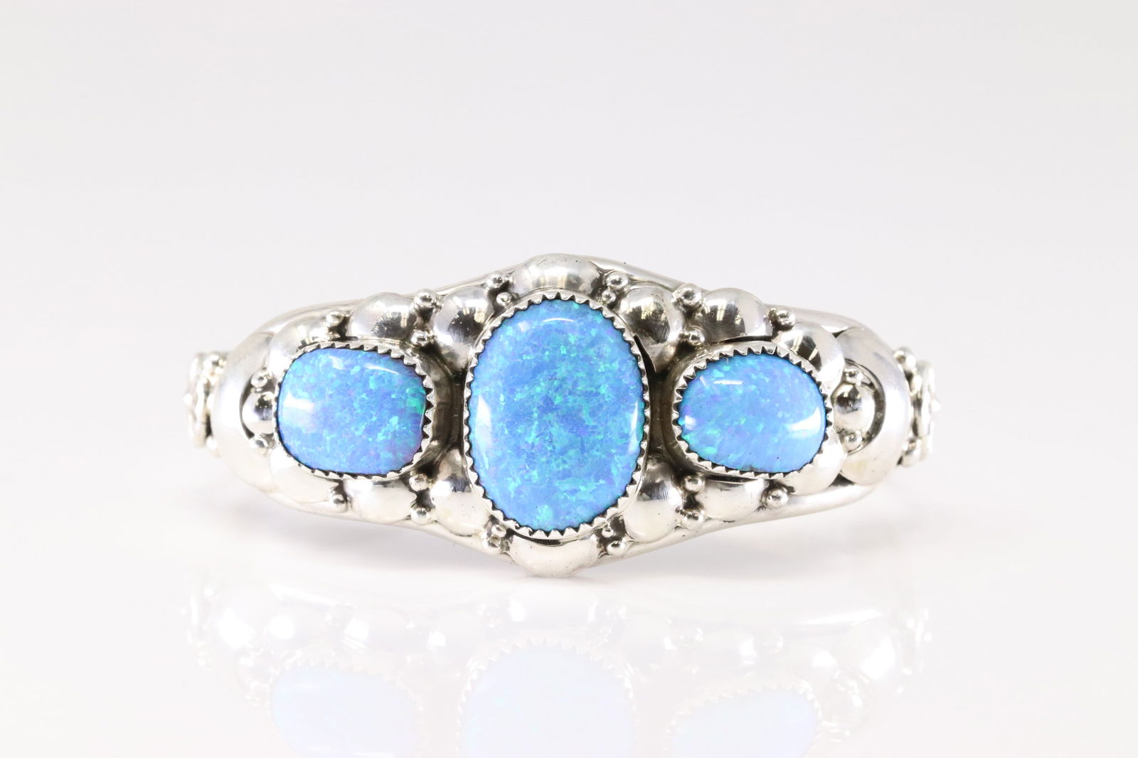 Native America Navajo Sterling Silver Synthetic Blue Opal Bracelet Cuff By C.N. (1 of 4)