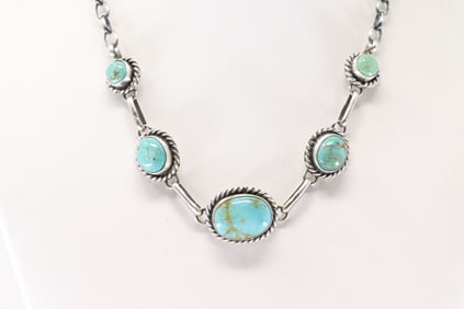 Native America Navajo Sterling Silver Kingman Turquoise Necklace By Augustine Largo.