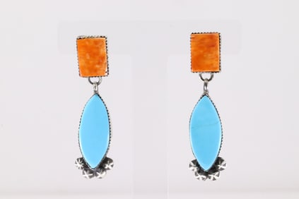 Native America Navajo Sterling Silver Spiny Oyster & Turquoise Post / Dangling Earring's By Selina