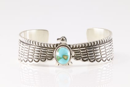 Native America Navajo Sterling Silver Sonora Gold Turquoise Thunderbird Bracelet Cuff By Darrell