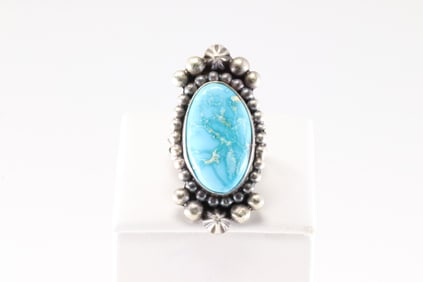 Native America Navajo Sterling Silver Kingman Turquoise Ring By B.Yellowhorse.