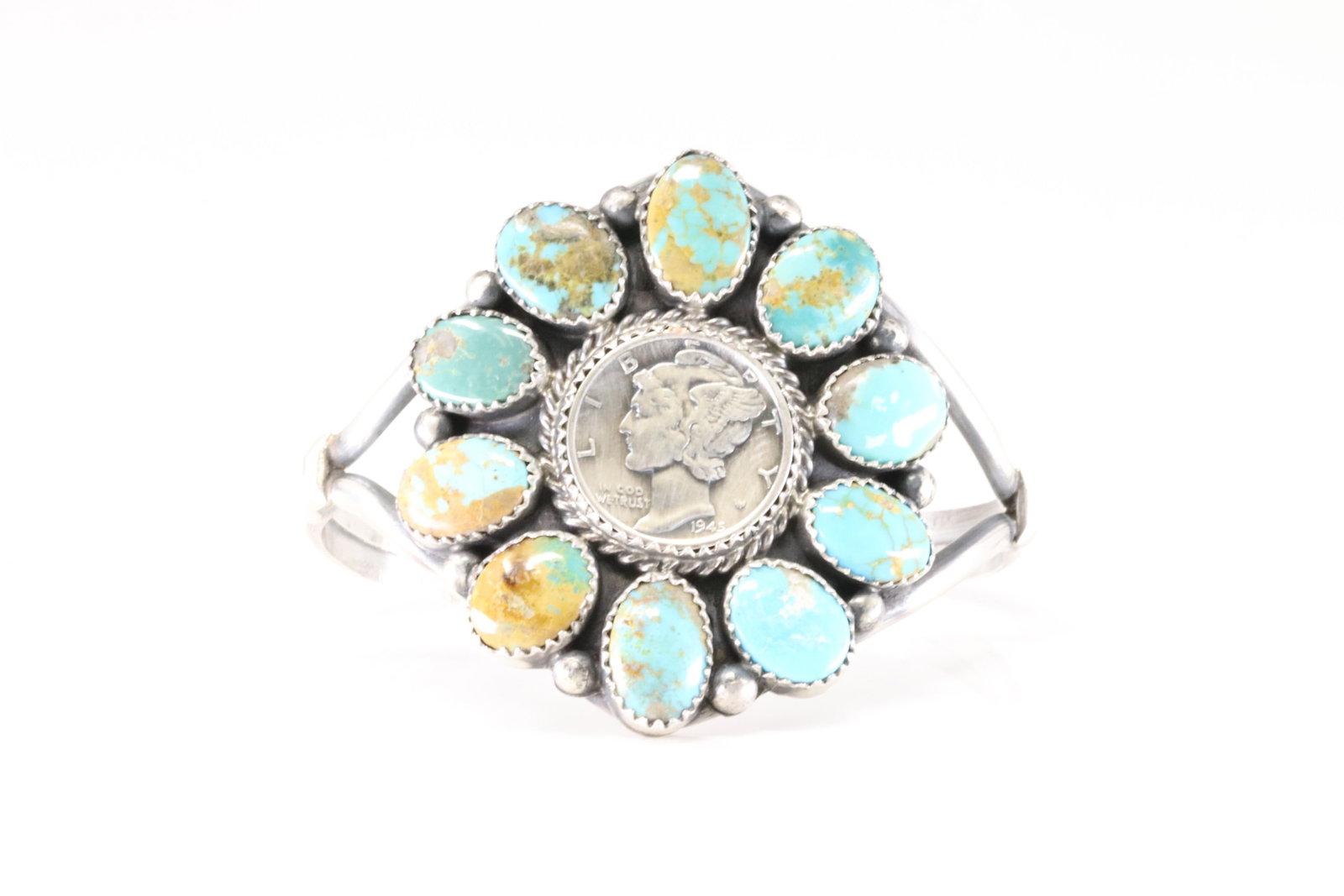 Native America Navajo Sterling Silver Kingman Turquoise Liberty Dime Bracelet Cuff By A.Spencer.: This is a Native America Navajo Sterling Silver Kingman Turquoise Liberty Dime Bracelet Cuff By A.Spencer.