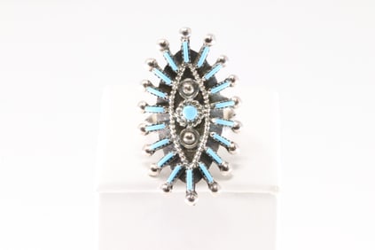Native America Zuni Sterling Silver Turquoise Needlepoint Ring By Philander Gia.