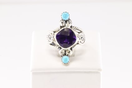 Native America Navajo Sterling Silver Amthyst & Turquoise Ring By Mike Smith.