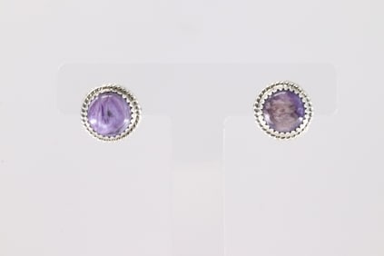 Native America Navajo Sterling Silver Purple Spiny Oyster Post Earring's By Sharon McCarthy.