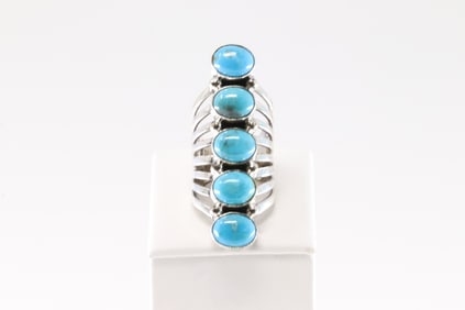 Native America Navajo Sterling Silver Turquoise Ring 5 Stone By Thomas Yazzie.