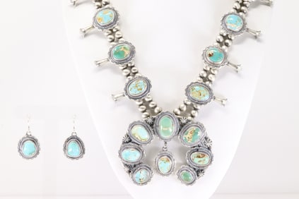 Native America Navajo Sterling Silver Royston Turquoise Squash Blossom Necklace & Earring's Set By