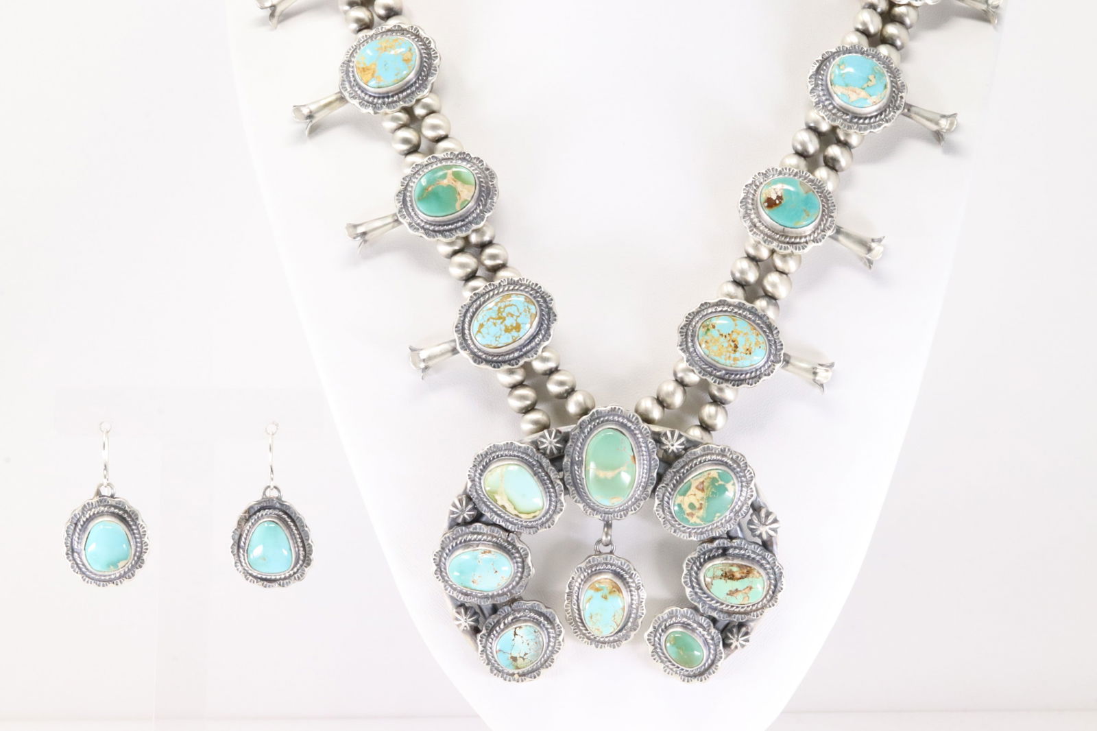 Native America Navajo Sterling Silver Royston Turquoise Squash Blossom Necklace & Earring's Set By (1 of 9)