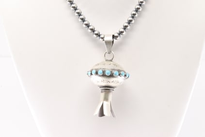 Native America Navajo Sterling Silver Kingman Turquoise Blossom Pendant By M.S. With Pearl Beaded