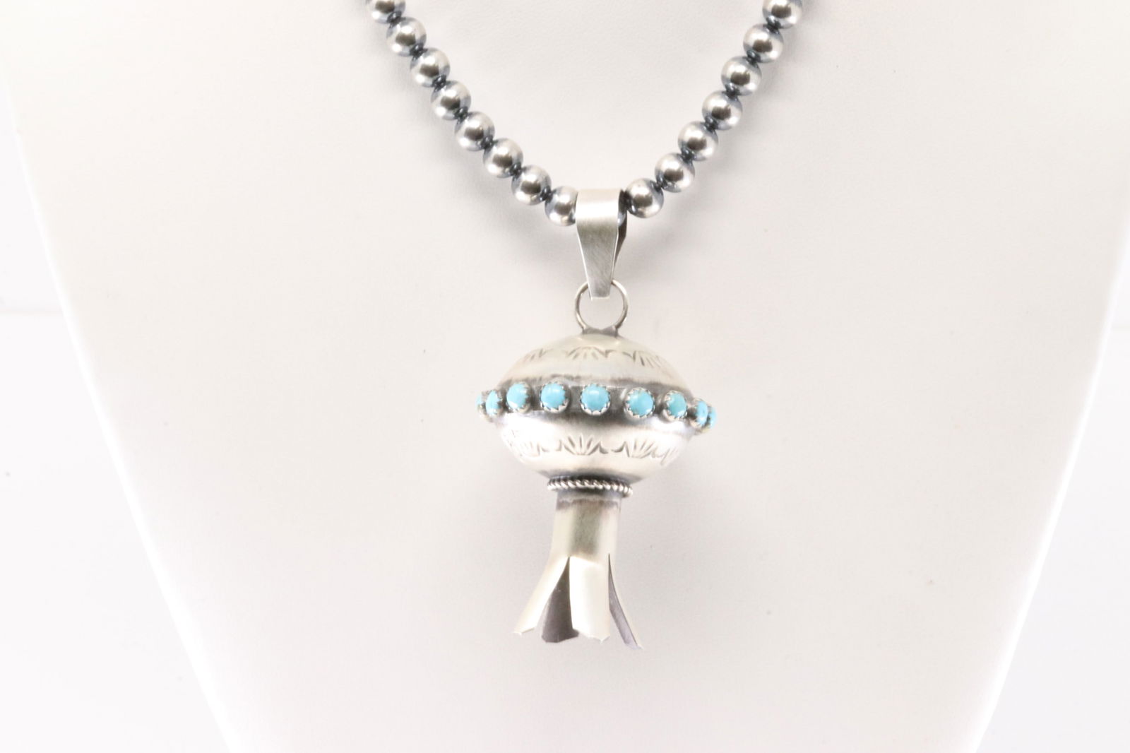 Native America Navajo Sterling Silver Kingman Turquoise Blossom Pendant By M.S. With Pearl Beaded (1 of 4)