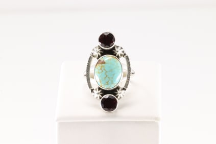 Native America Navajo Sterling Silver Synthetic Ruby & Turquoise Ring.