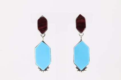 Native America Navajo Sterling Silver Purple Spiny Oyster & Turquoise Post / Dangling Earring's By