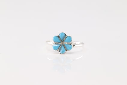 Native America Zuni Sterling Silver Turquoise Flower Ring By Raymond Bobelu.