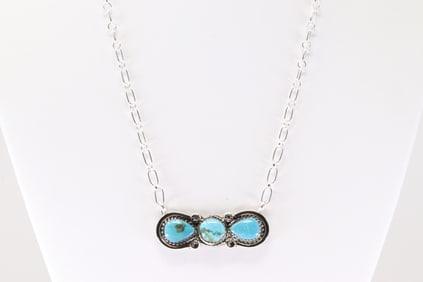 Native American Navajo Sterling Silver Turquoise Necklace By Fannie Platero.