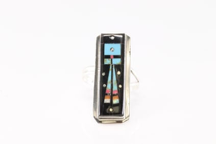 Native America Navajo Sterling Silver Multi-Color Inlay Night Sky Ring By Smith.