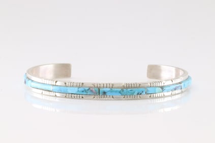 Native America Navajo Sterling Silver Turquoise Inlay Bracelet Cuff By S.F.