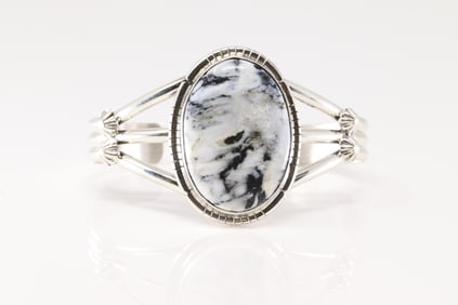 Native America Navajo Sterling Silver White Buffalo Bracelet Cuff By Samson Edsitty.