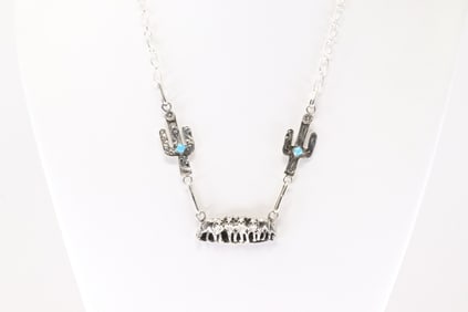 Native America Navajo Sterling Silver Turquoise Wolf Pack & Cactus Necklace By Leroy Silversmith.