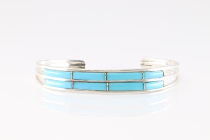 Native America Navajo Sterling Silver Turquoise Inlay Bracelet Cuff By Jamie J.