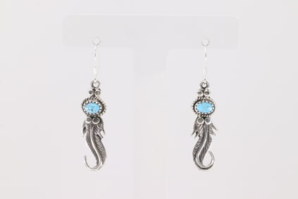 Native America Navajo Sterling Silver Turquoise Feather Dangling Earring's By Sharon McCarthy.