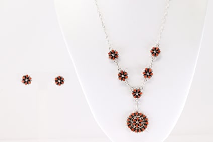 Native America Zuni Sterling Silver Coral Necklace & Earring's Set By Tricia Leekity.