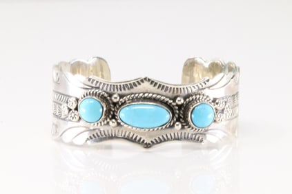 Native America Navajo Sterling Silver Kingman Turquoise Bracelet Cuff By Charlene Yazzzie.