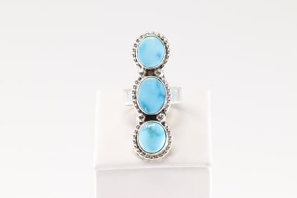 Native America Navajo Sterling Silver Turquoise Ring 3 Stone By S.