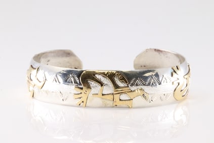 Native America Navajo Sterling Silver Stamped Kokopelli Bracelet Cuff By G.J.