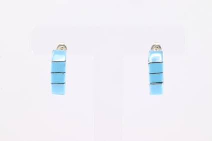 Native America Zuni Sterling Silver Turquoise Inlay Hoop Earring's By Gilbert Kanesta.