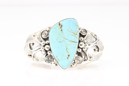 Native America Navajo Sterling Silver Kingman Turquoise Bracelet Cuff By Albert Smith.