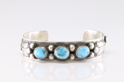 Native America Navajo Sterling Silver Turquoise Bracelet 3 Stone Cuff By Welbert Meyers.