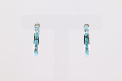 Native America Zuni Sterling Silver Turquoise Hoop Earring's By Gloria Waseta.