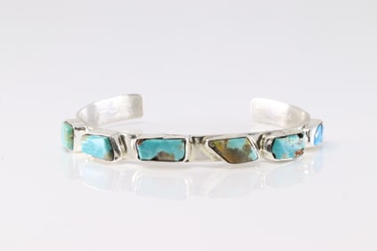 Native America Zuni Sterling Silver Kingman Turquoise Bracelet Cuff By Jude Candelaria.