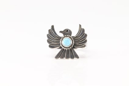 Native America Navajo Sterling Silver Turquoise Thunderbird Ring By Delayne Reeves.