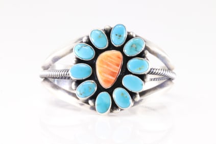 Native America Navajo Sterling Silver Spiny Oyster & Turquoise Bracelet Cuff By Travis G.