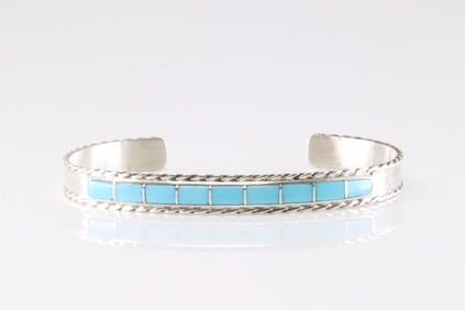 Native America Navajo Sterling Silver Turquoise Inlay Bracelet Cuff By J.P.
