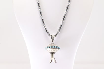 Native America Navajo Sterling Silver Turquoise Blossom Pendant By M.S. with Pearl Beaded Sterling