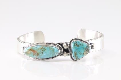 Native America Navajo Sterling Silver Kingman Turquoise Bracelet Cuff By J.H.
