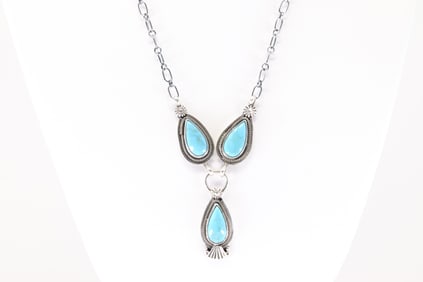 Native American Navajo Sterling Silver Turquoise Necklace By Verley Betone.