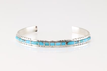 Native American Zuni Sterling Silver Turquoise Inlay Bracelet Cuff By Sheldon Lalio.