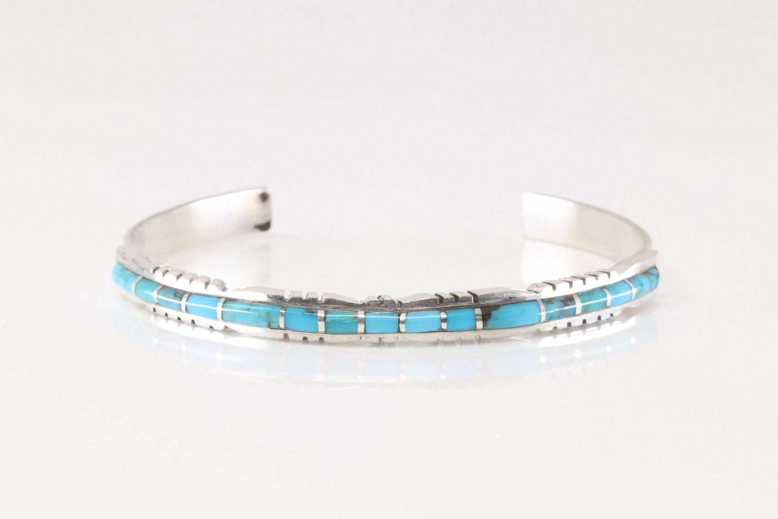 Native American Zuni Sterling Silver Turquoise Inlay Bracelet Cuff By Sheldon Lalio.: This is a Native American Zuni Sterling Silver Turquoise Inlay Bracelet Cuff By Sheldon Lalio.