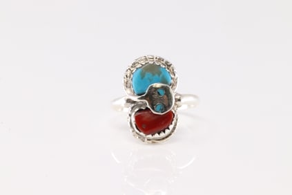 Native America Zuni Sterling Silver Coral & Turquoise Ring By Effie C.