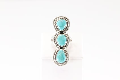 Native America Navajo Sterling Silver Turquoise Ring 3 Stone By S.