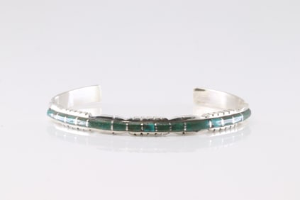 Native America Zuni Sterling Silver Turquoise Inlay Bracelet Cuff By Sheldon Lalio.