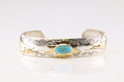 Native America Navajo Sterling Silver Turquoise Bracelet Cuff By G.T.