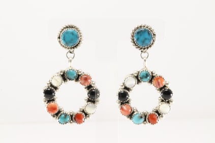 Native America Navajo Sterling Silver Multi-Color Stone Post / Dangling Earring's By Maxine Ramirez.